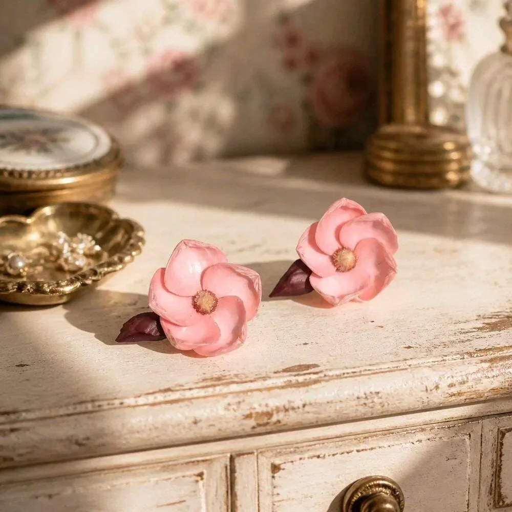 Vintage Pink Flower Screw-back Earrings